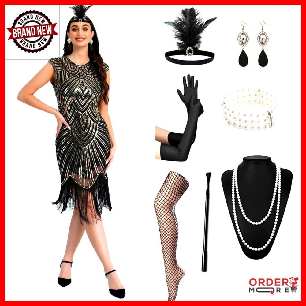 Vintage Sequin Beaded Fringed Flapper Dress Set with Accessories